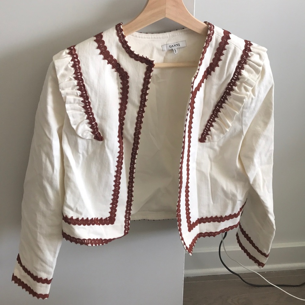 Ganni Idaho Jacket - Denim white embroidered cropped jacket